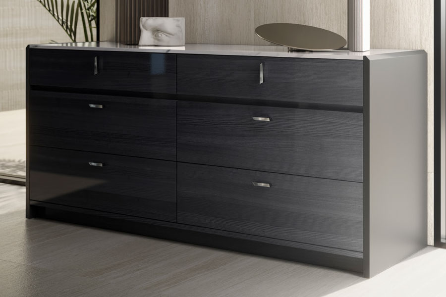 VULCANO Комод низкий 6 ящиков, цвет Rovere Grigio Lux/Antracite, Marmo bianco Tomasella